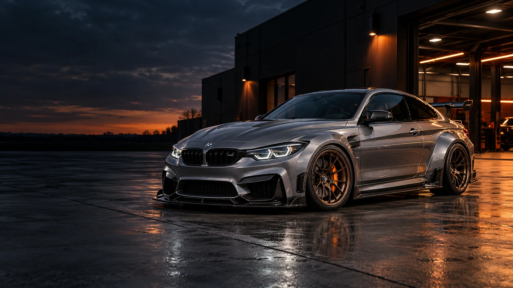 Modified silver performance coupé with wide arches, bronze wheels and a carbon splitter outside a workshop at dusk