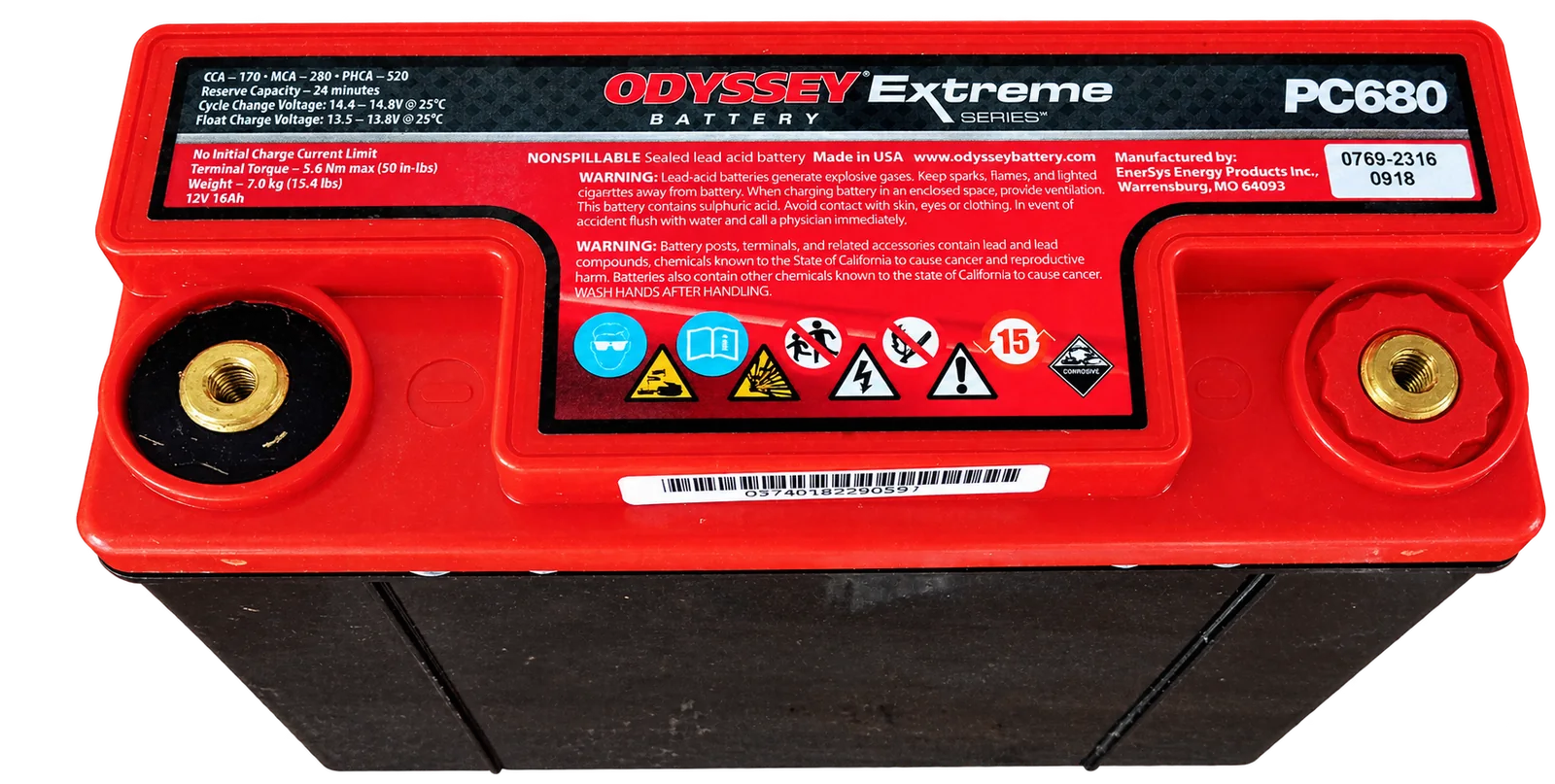 Red Odyssey Extreme PC680 compact AGM battery with its specification label visible
