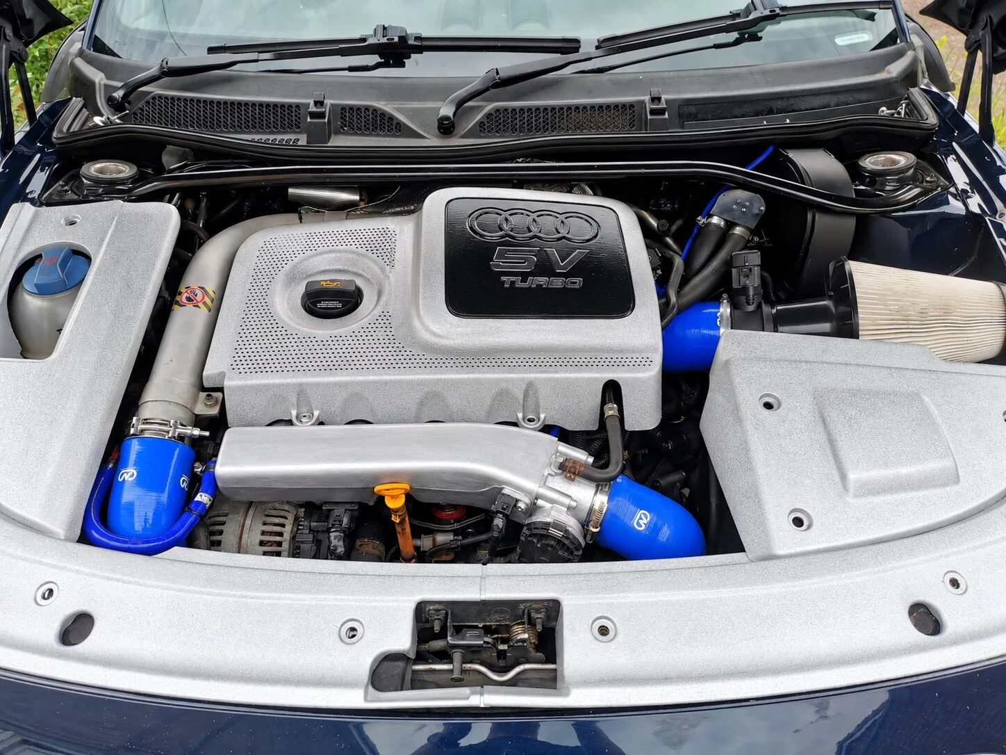 Audi turbo engine bay with blue silicone hoses and cone filter