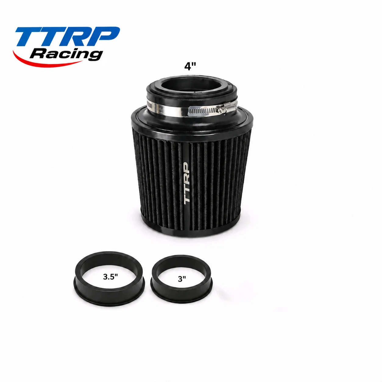 Black cone filter showing the 4-inch inlet and supplied reducer rings